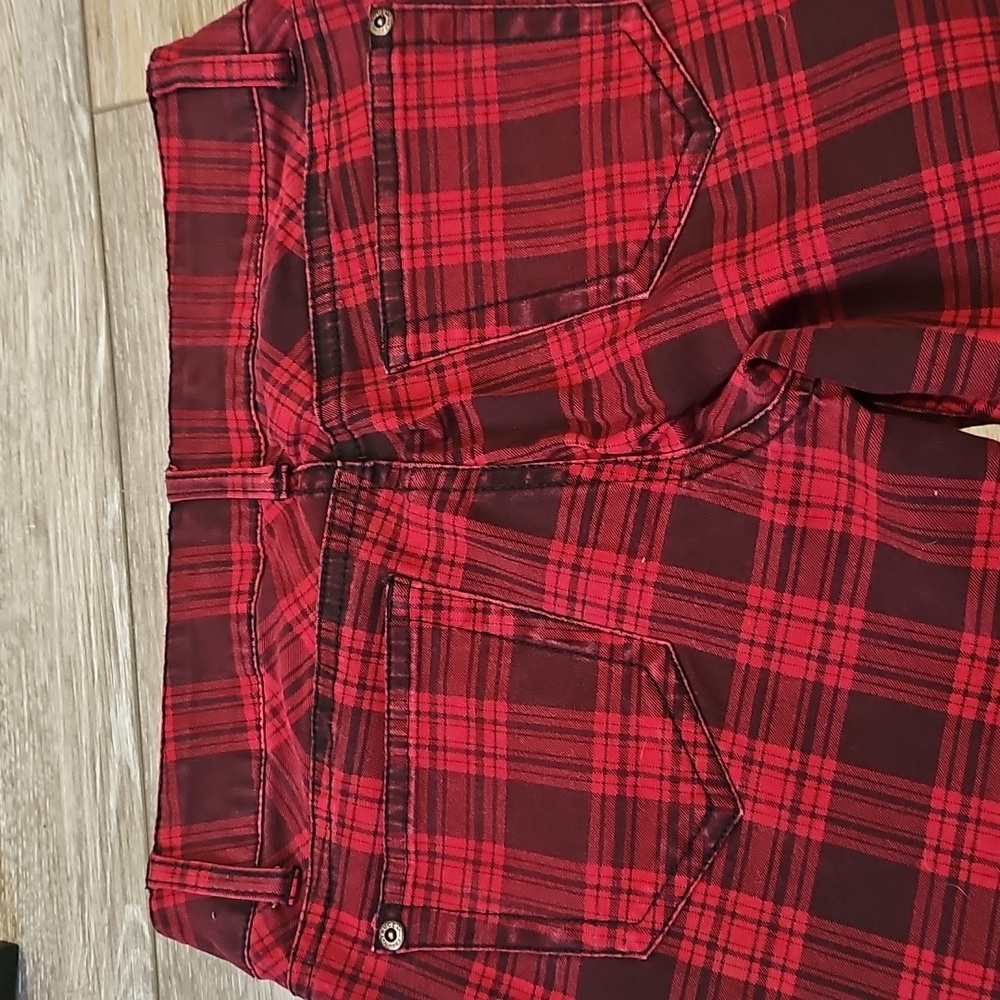 Truce Red/Black Tartan Plaid Women's Skinny Jeans, Size 3 - Picture 3 of 10